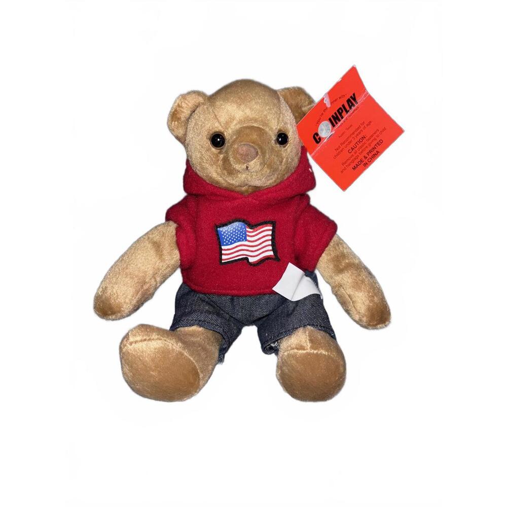Coin Play Brown Bear 7” Plush Blue Shorts. Red Hooded w/‎ American Flag NWT